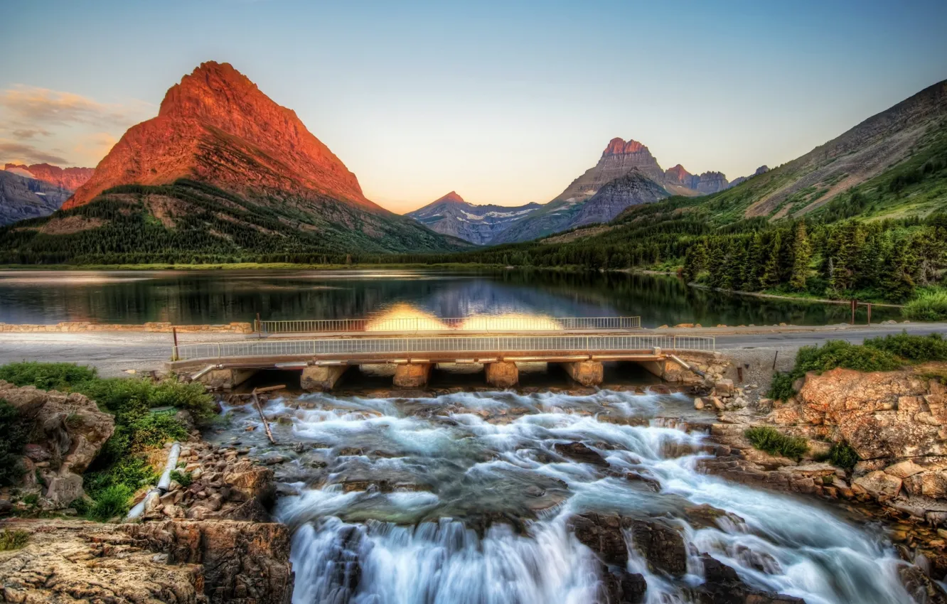 Photo wallpaper mountains, bridge, nature, Park, river, photo, HDR, USA