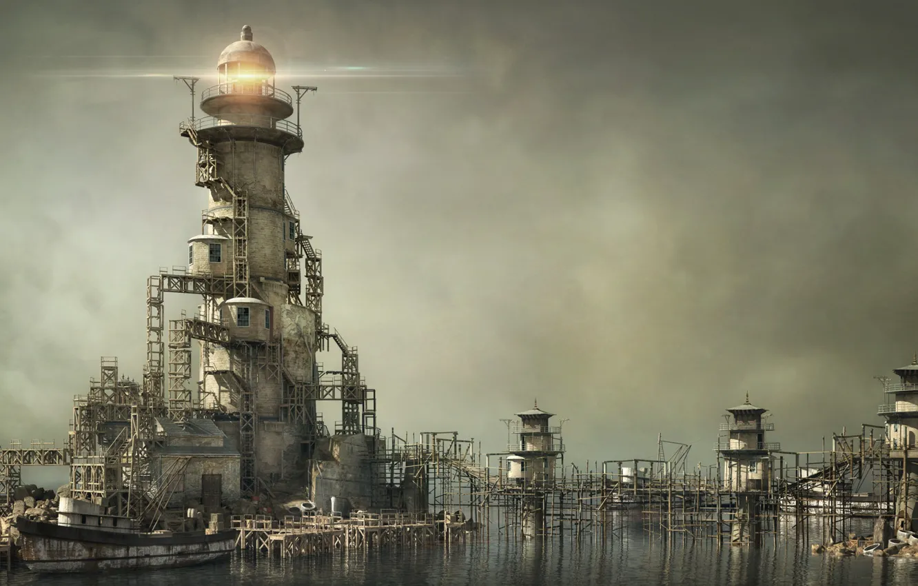 Photo wallpaper boat, lighthouse, the bridge, structure, serenity