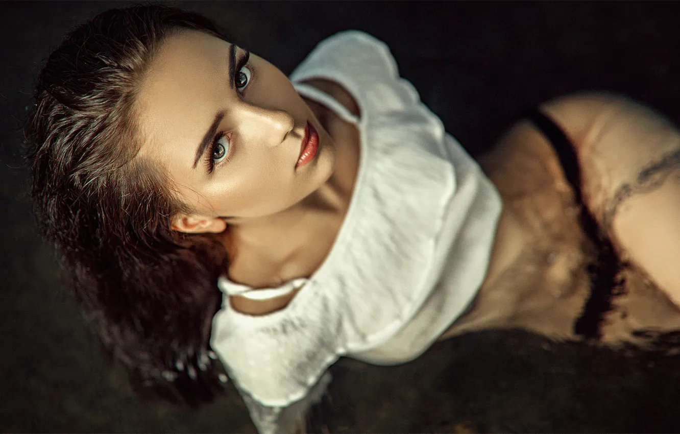 Photo wallpaper look, girl, model, panties, linen, tummy, figure, brunette