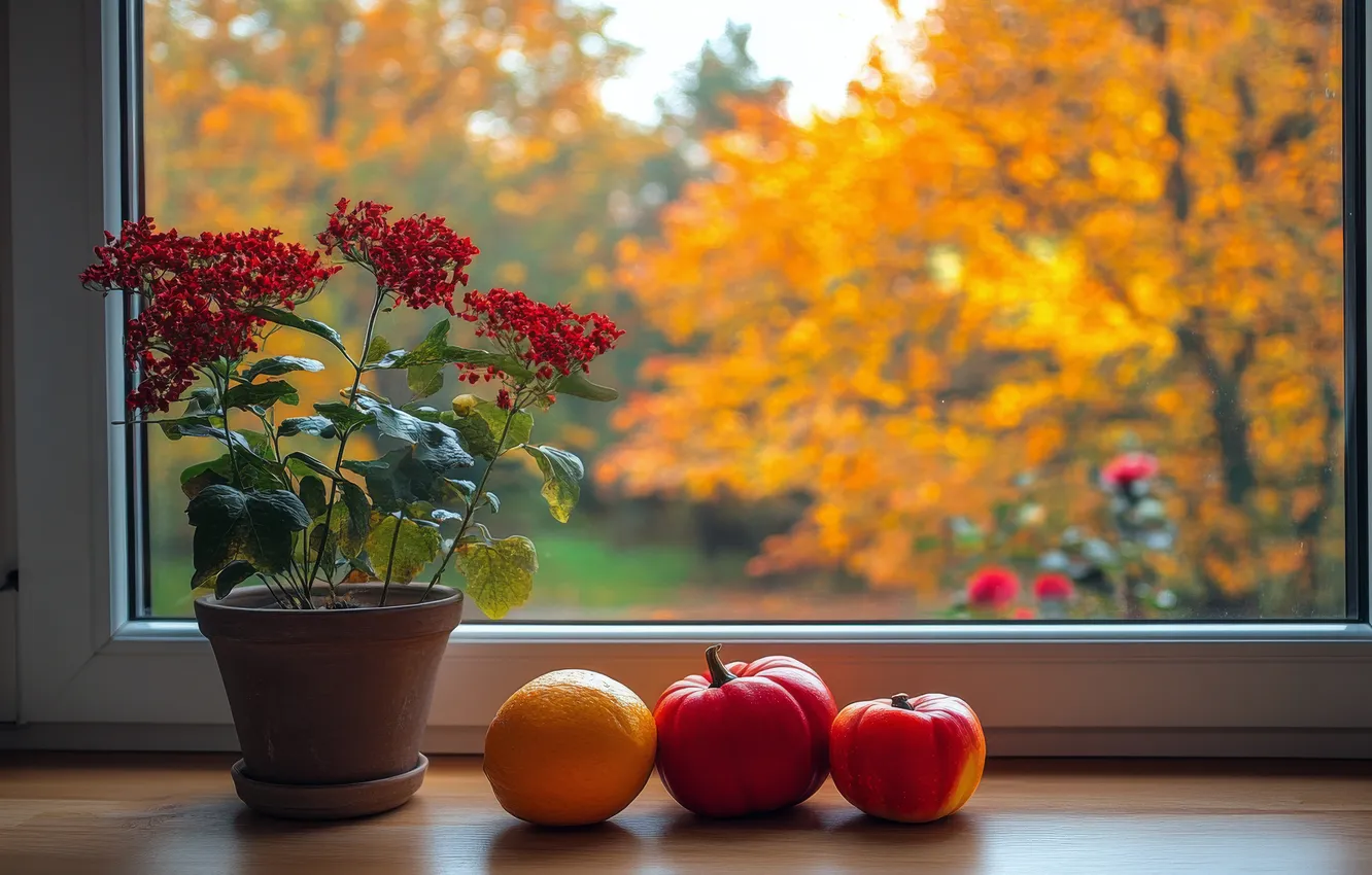 Photo wallpaper autumn, flowers, nature, garden, window, pumpkin, pot, sill