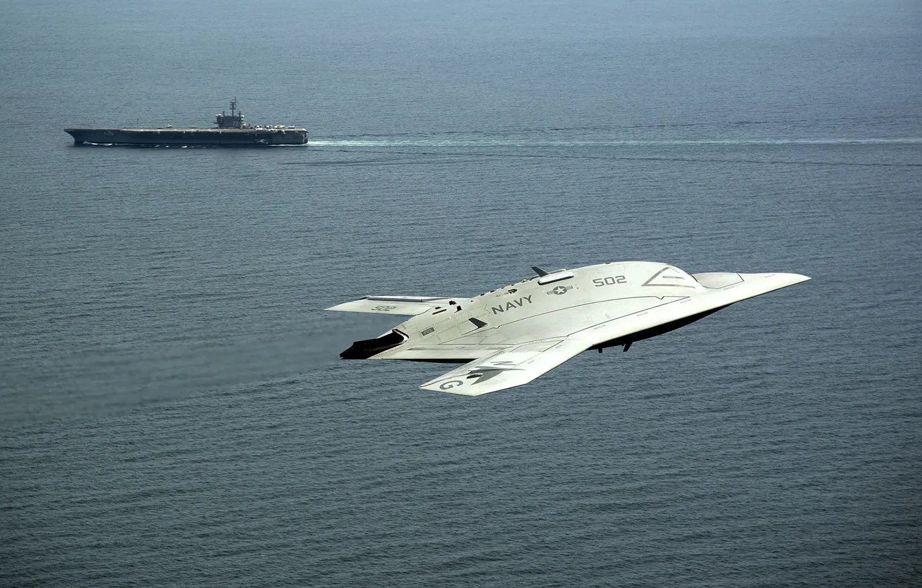 Photo wallpaper the ocean, the carrier, USA, flight, Navy, X-47B, combat drone