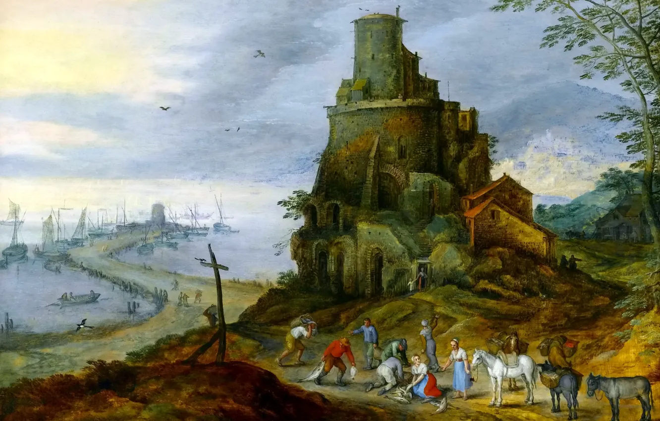 Photo wallpaper landscape, people, tower, picture, Jan Brueghel the younger, Sea Coast with Castle Ruins