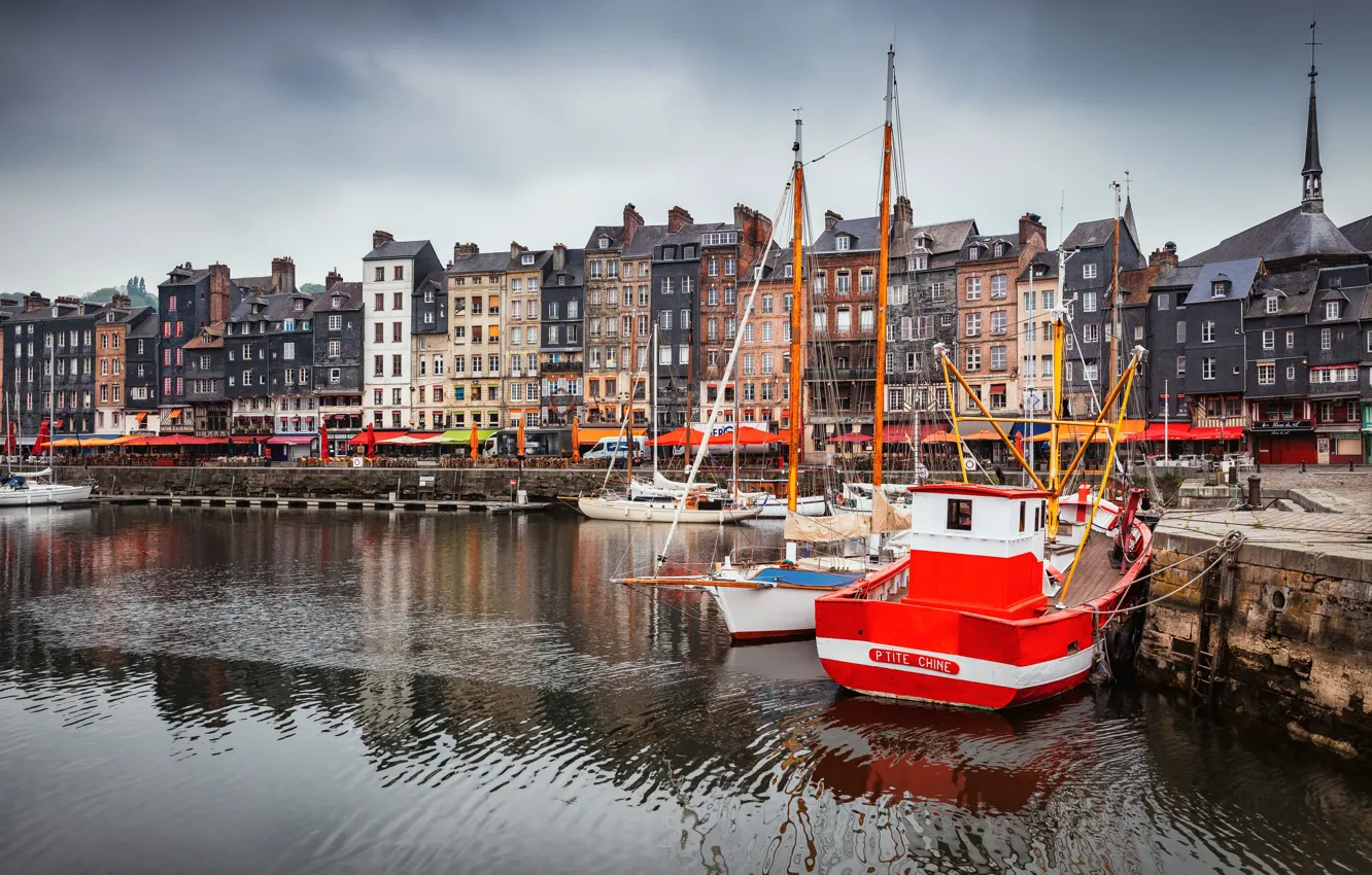 Photo wallpaper the city, river, boat, France, Marina, home, hay, Honfleur