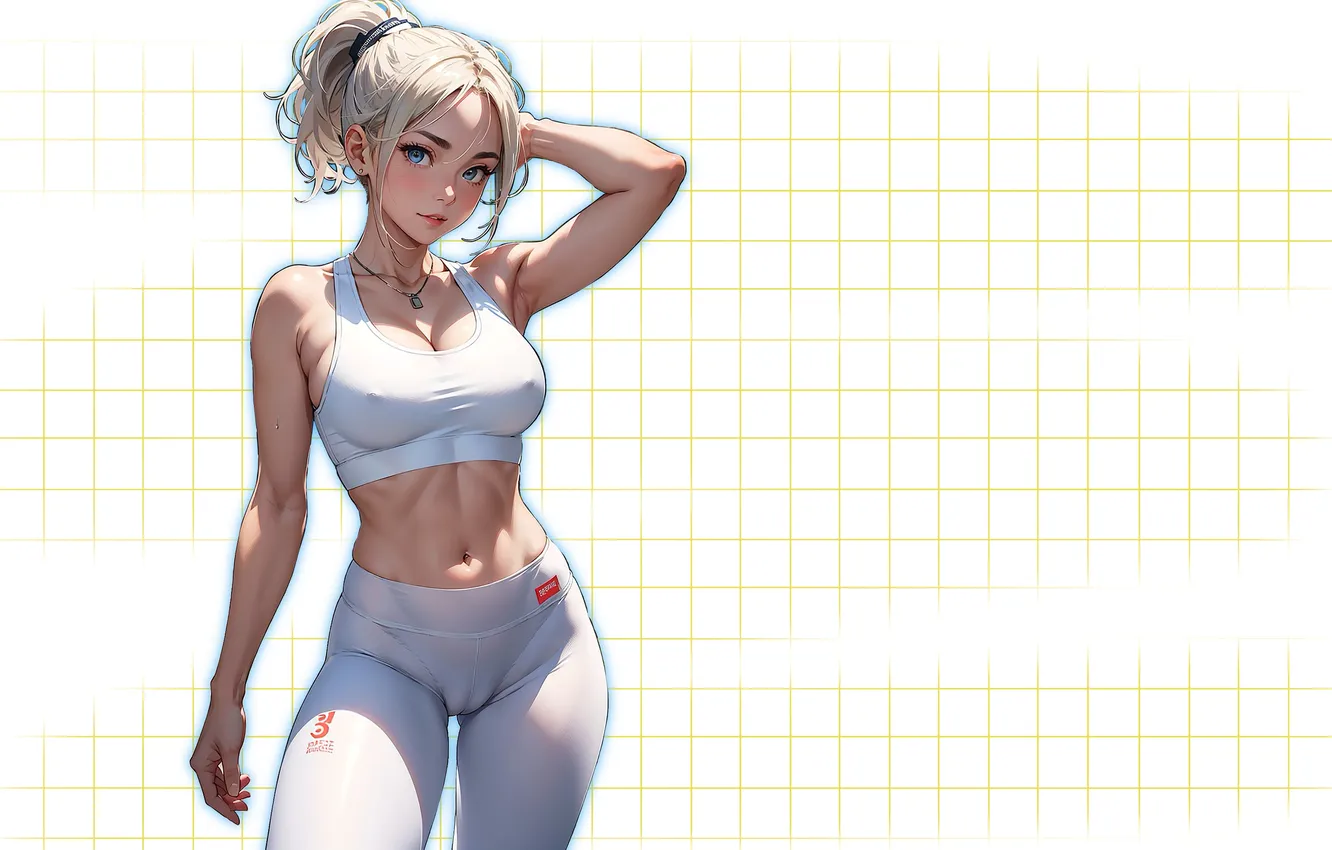 Photo wallpaper girl, boobs, anime, blonde, babe, fitness, gym, tights