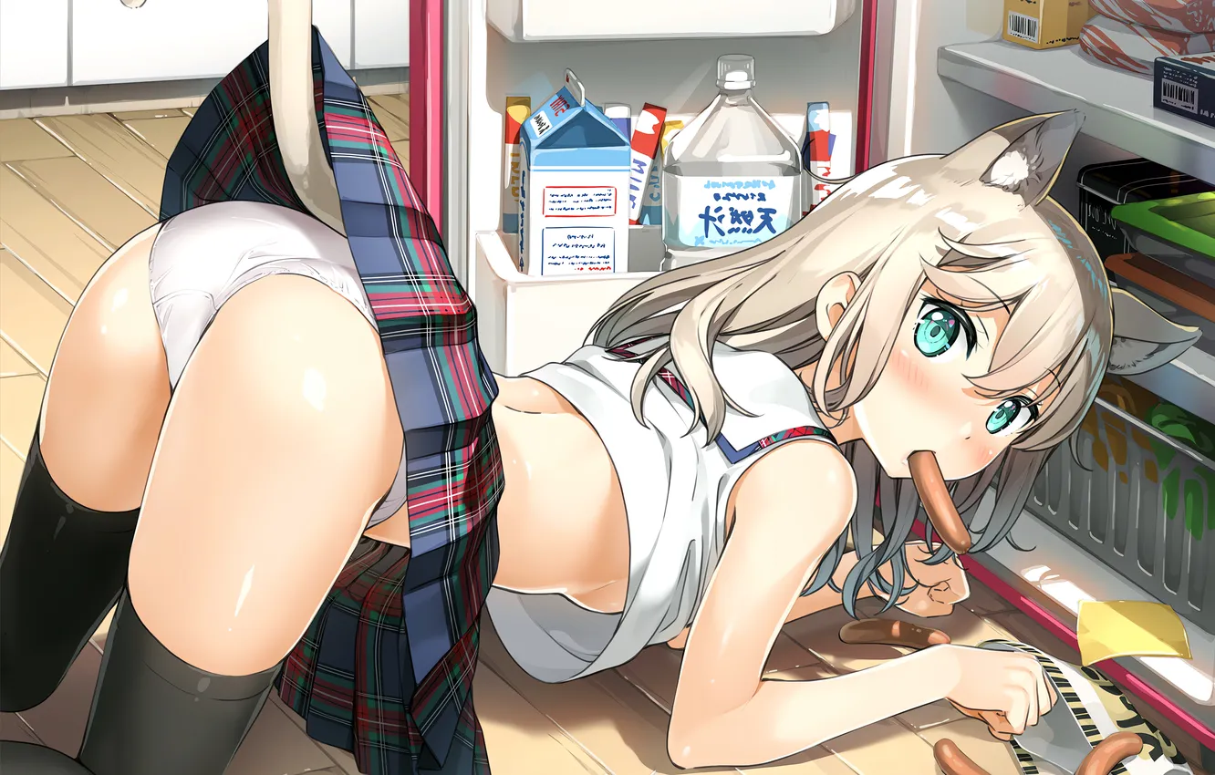 Photo wallpaper girl, sexy, lingerie, ass, panties, thighhighs, green eyes, long hair