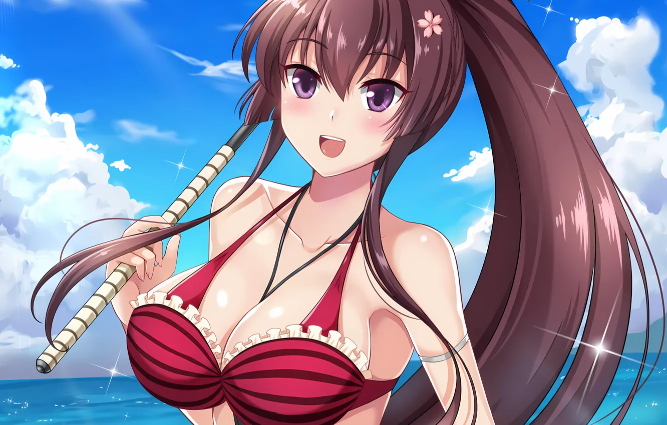 Photo wallpaper girl, sexy, cleavage, sky, long hair, sea, brown hair, boobs