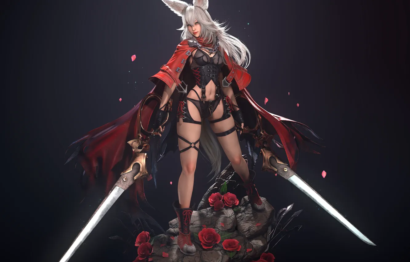 Photo wallpaper girl, sword, little red riding hood, art, artist, girl, sword, ears