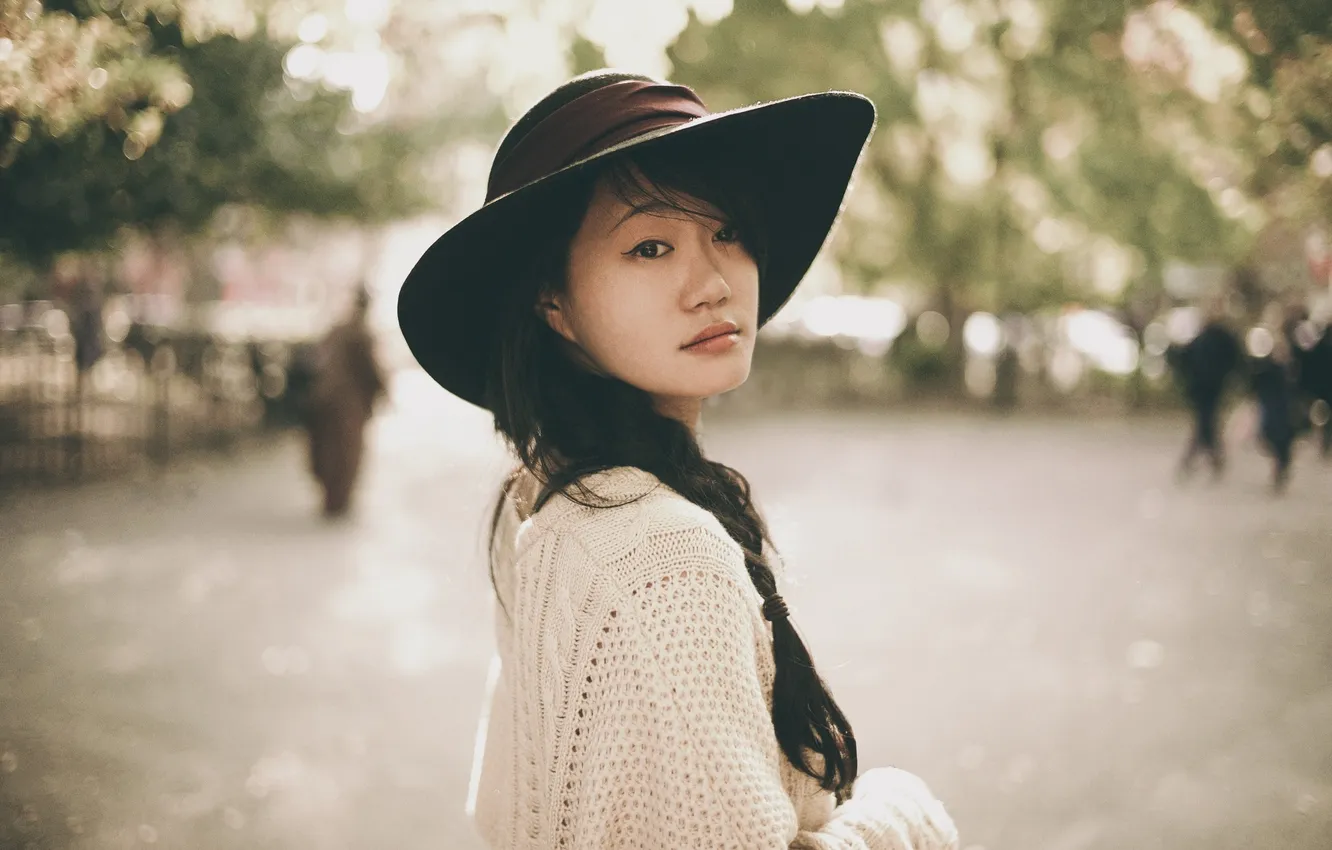 Photo wallpaper girl, hair, people, hat, sweater, direct look