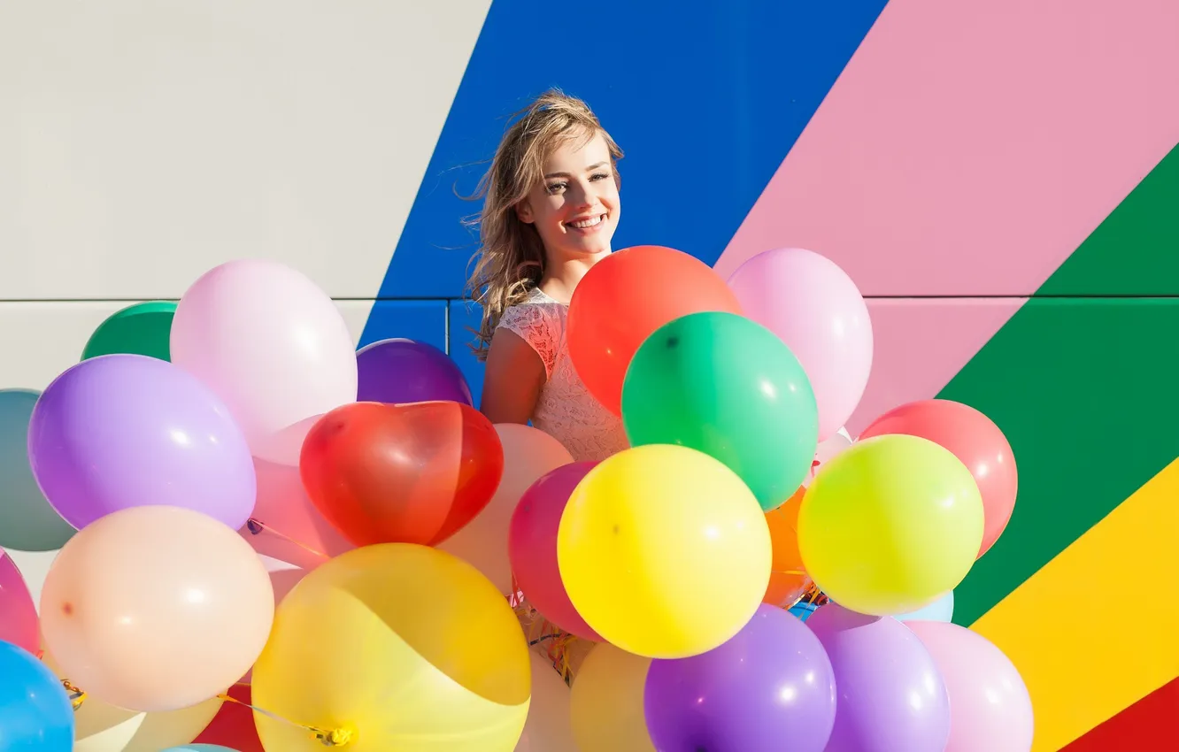 Photo wallpaper girl, balls, joy, happiness, smile, background, mood, colored