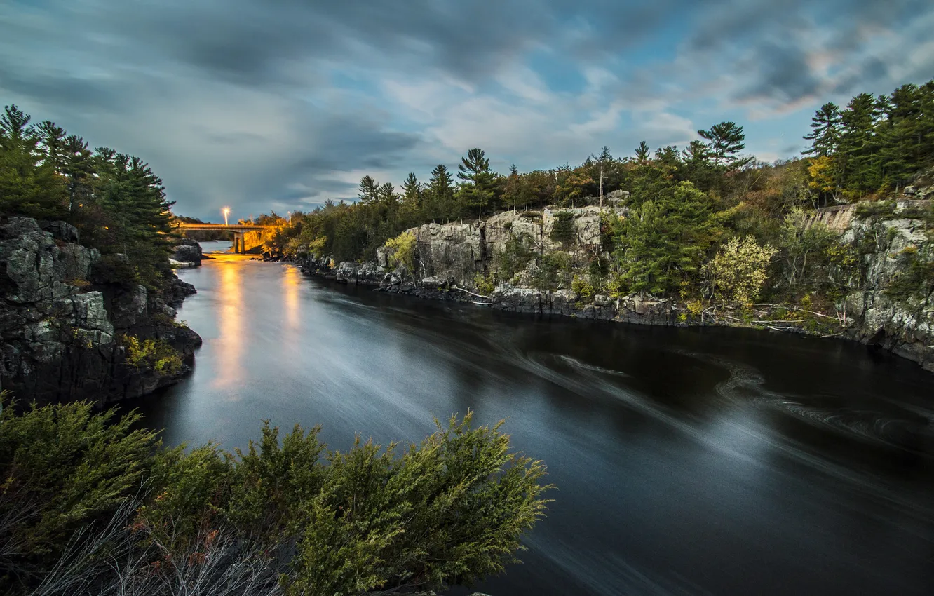 Photo wallpaper the sky, clouds, bridge, lights, river, rocks