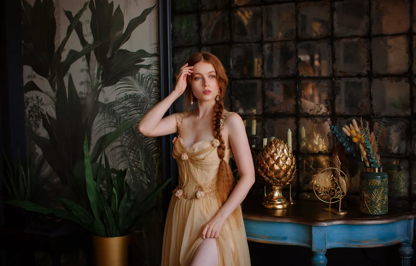 Photo wallpaper girl, pose, style, retro, dress, braid, red, redhead