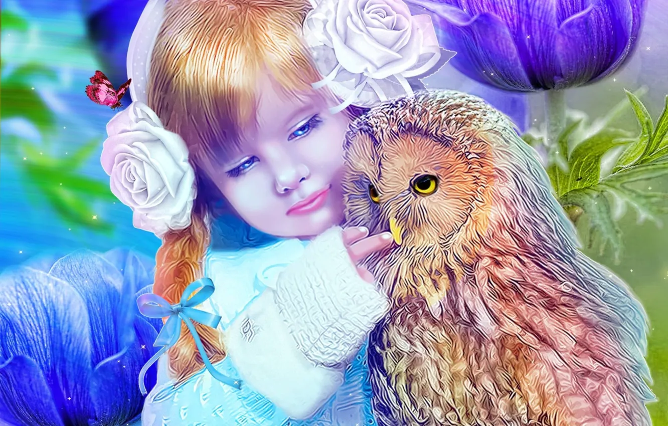 Photo wallpaper owl, girl, child