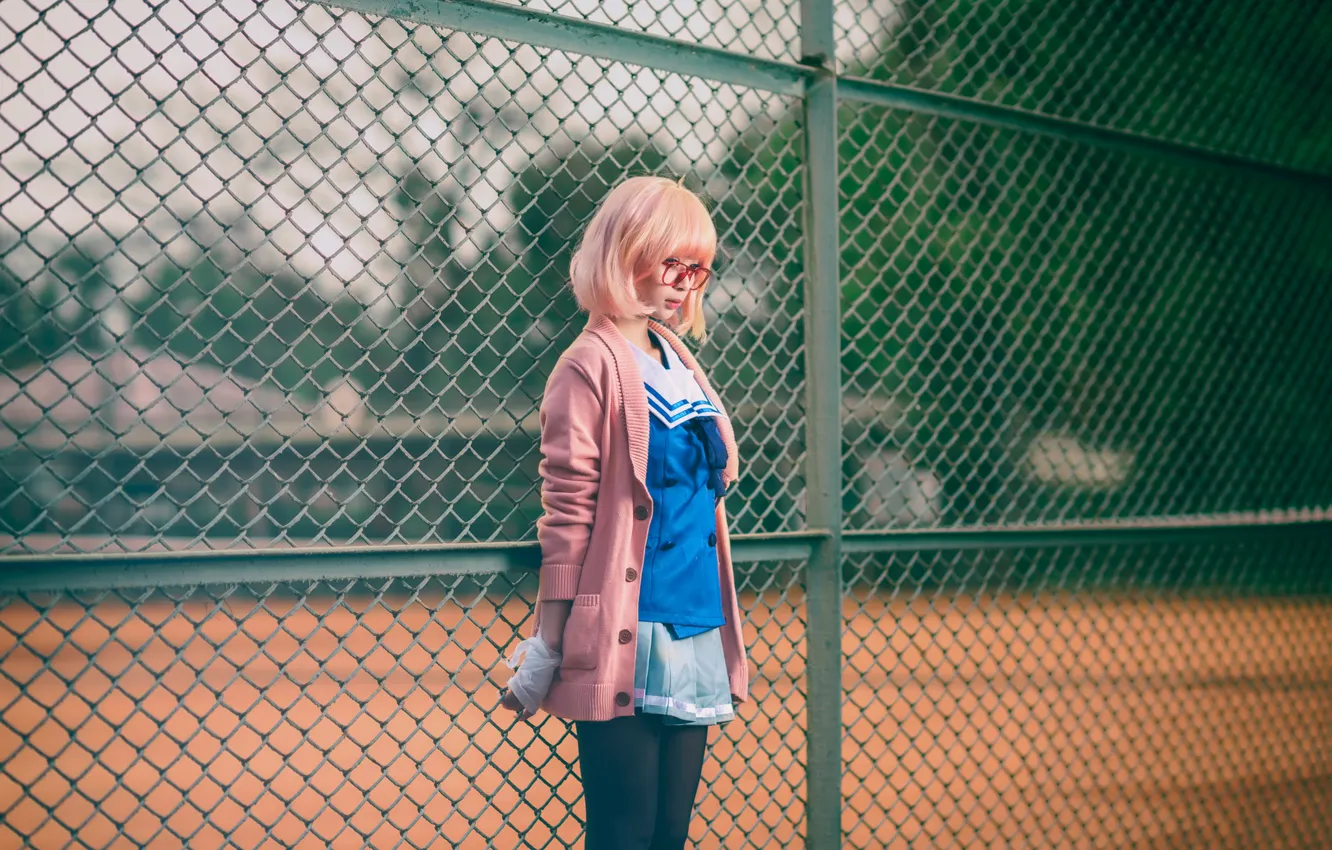 Photo wallpaper girl, face, mesh, clothing, hair, the fence, color, skirt