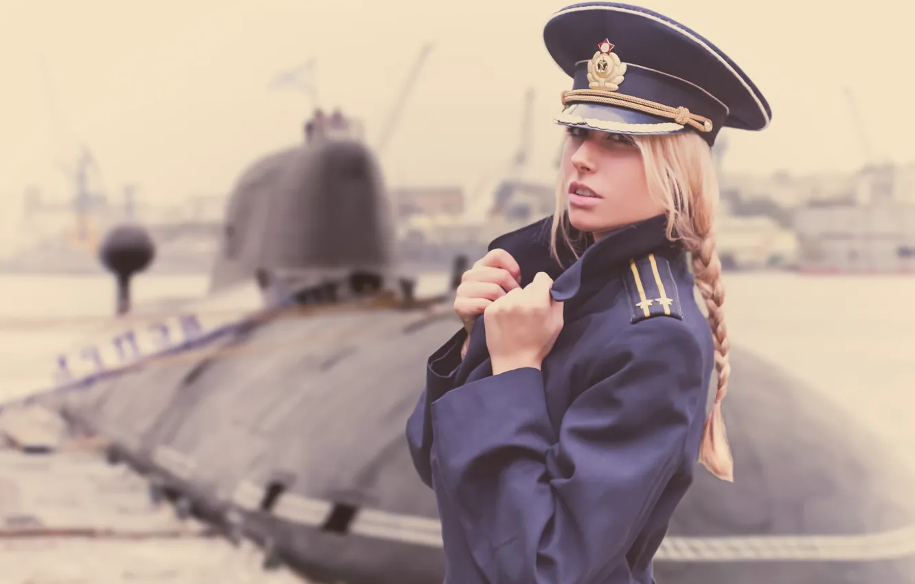 Photo wallpaper girl, submarine, officer, jacket, Navy day, the captain of the 2nd rank