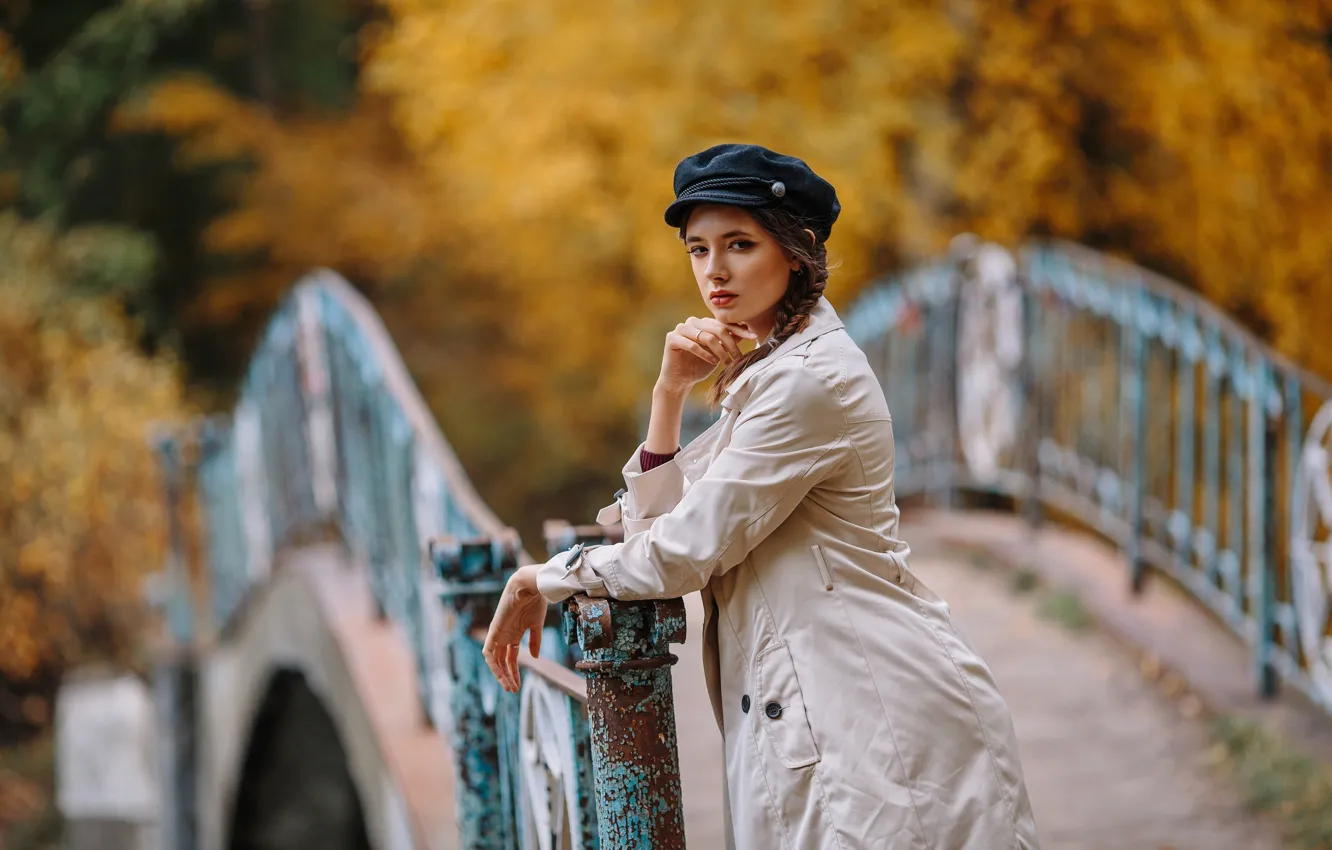 Photo wallpaper autumn, look, girl, bridge, cloak, Disha Shemetova