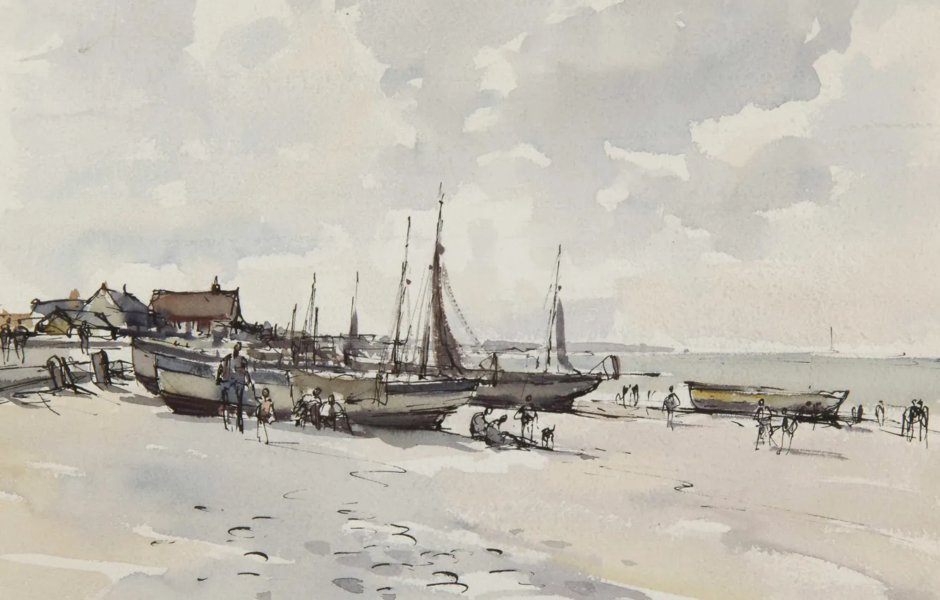 Photo wallpaper landscape, picture, watercolor, Edward Seago, Beach Scene. Kessingland. Suffolk
