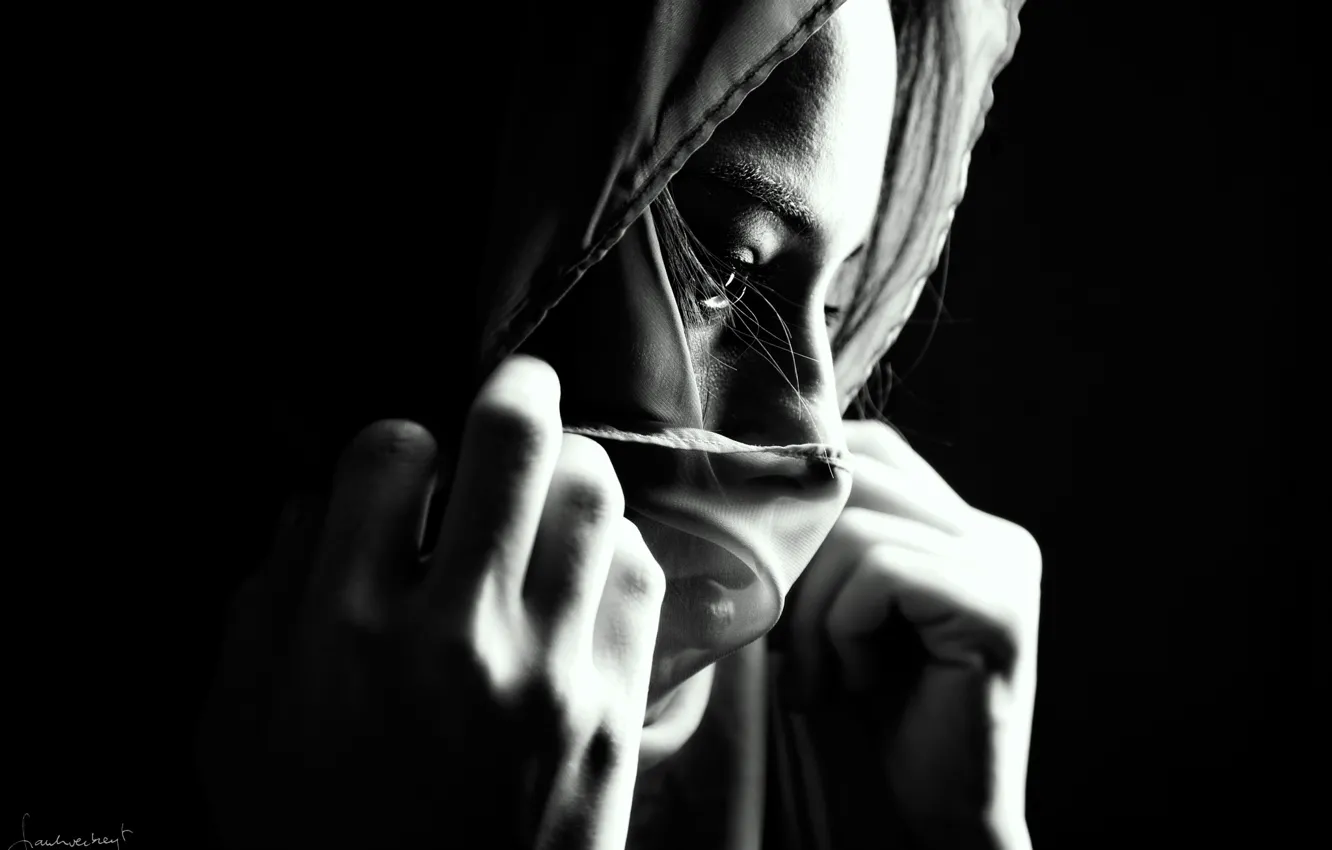 Photo wallpaper girl, model, portrait, hands, black and white, twilight, black background, shawl
