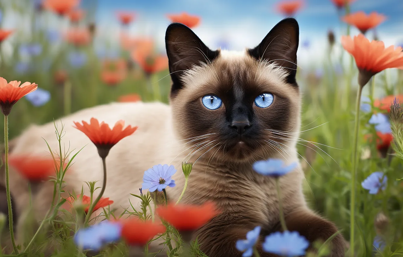 Photo wallpaper cat, cat, look, flowers, nature, pose, glade, face