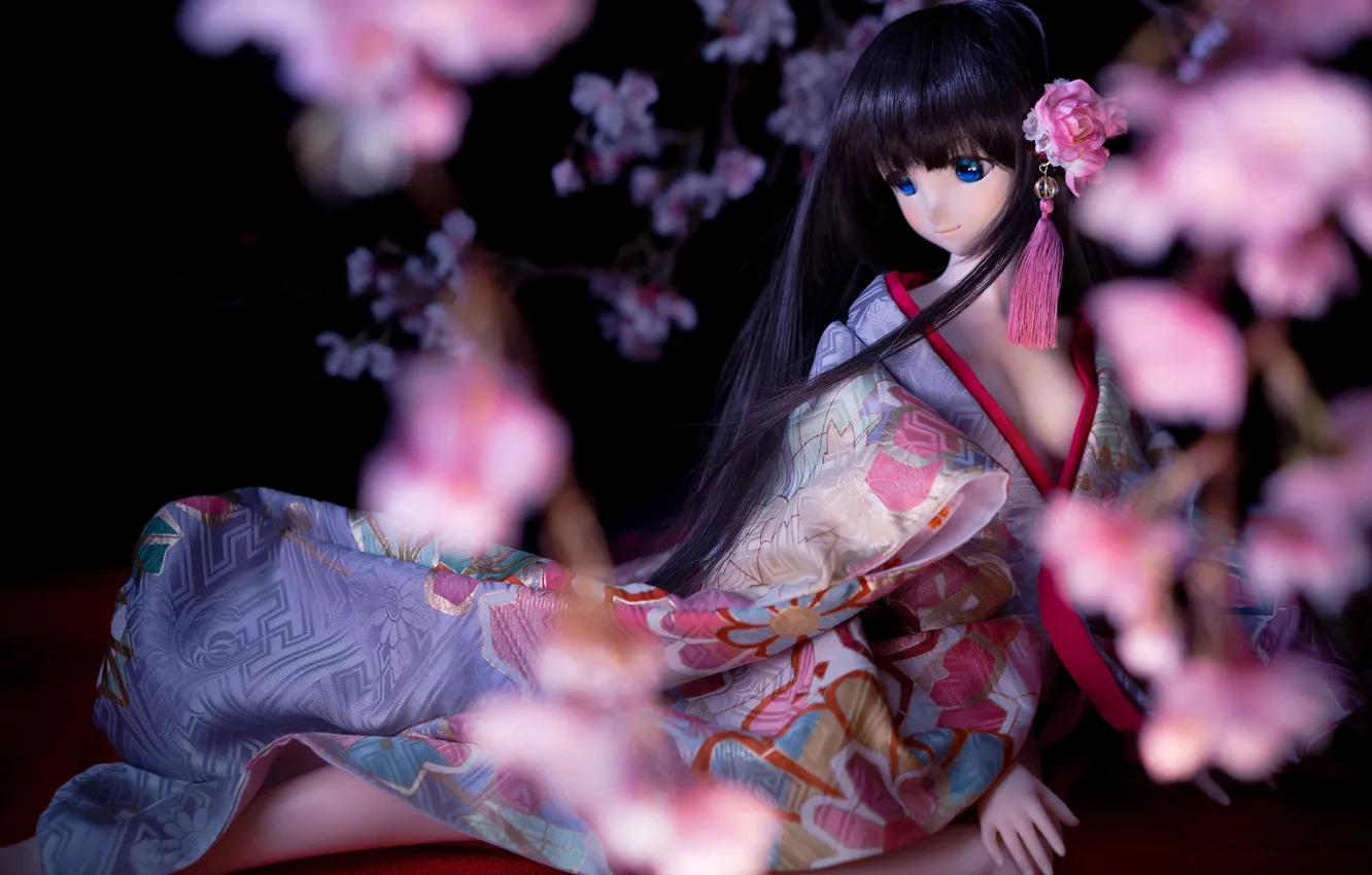 Photo wallpaper Japanese, doll, Sakura, kimono