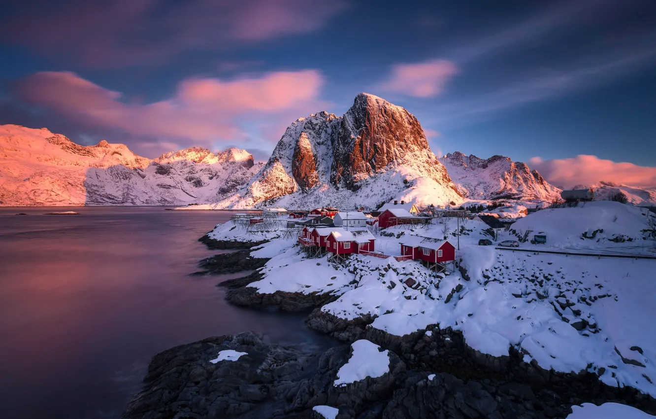 Photo wallpaper mountains, Norway, the village, the fjord, The Lofoten Islands