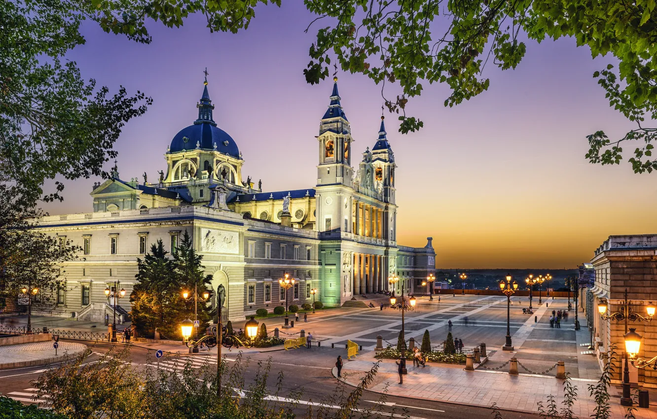 Photo wallpaper building, the evening, area, lights, Spain, Madrid