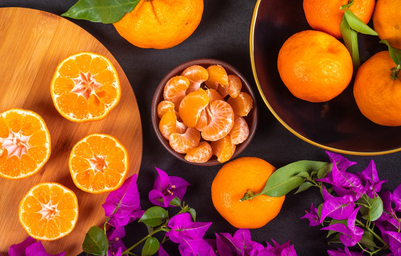 Photo wallpaper leaves, flowers, branches, table, citrus, bowl, halves, slices