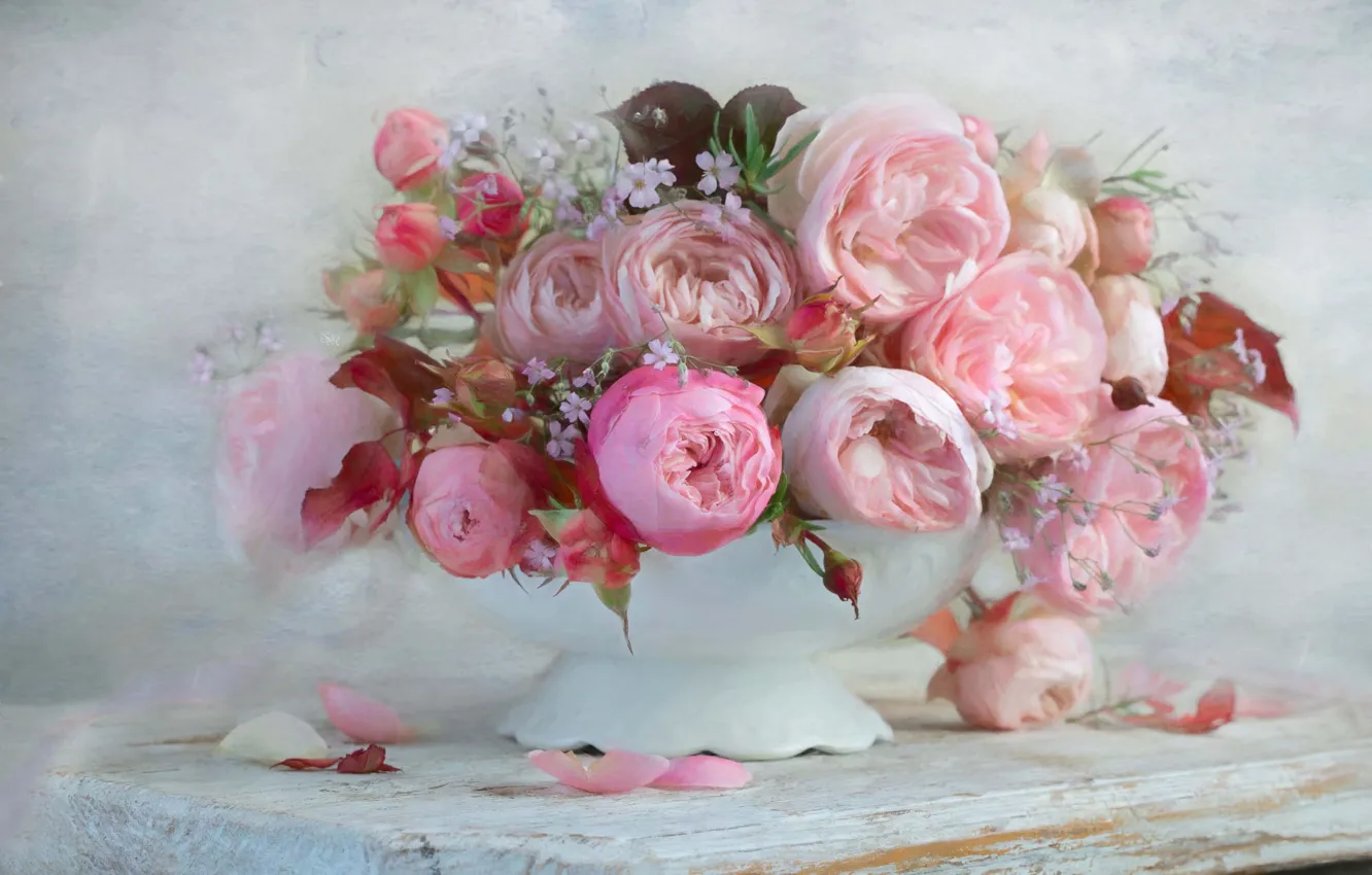 Photo wallpaper flowers, table, roses, treatment, pink, still life
