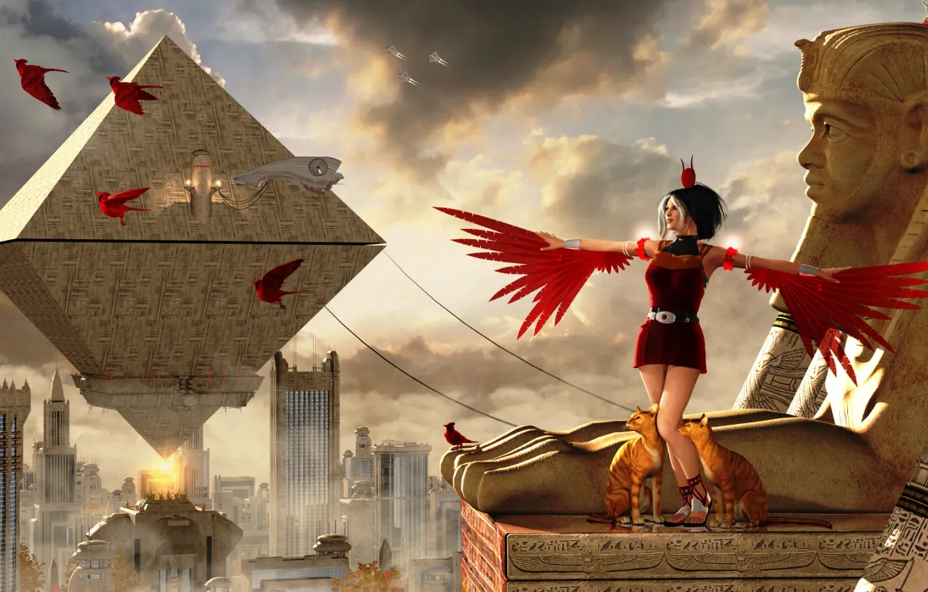 Photo wallpaper cat, the sky, cat, birds, clouds, woman, building, wings