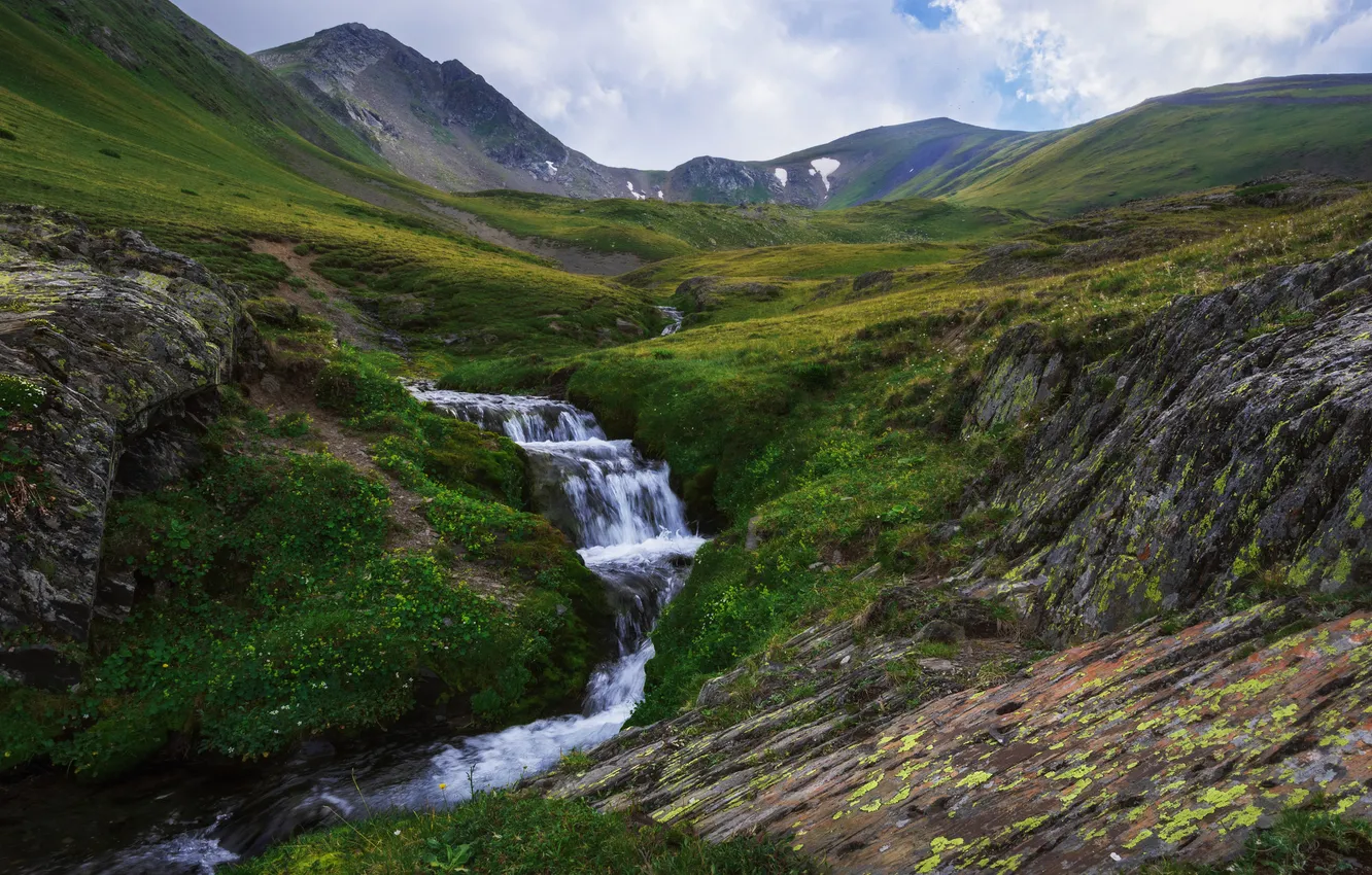 Photo wallpaper clouds, mountains, stream, green grass, mountain river, the beauty of nature, Picturesque Landscape, Pavel Abakumov