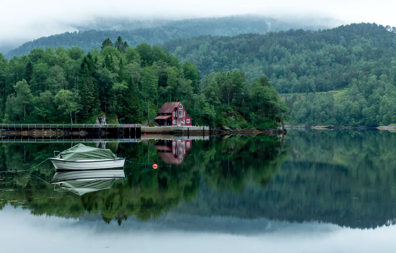 Photo wallpaper forest, trees, fog, lake, house, boat, Landscapes