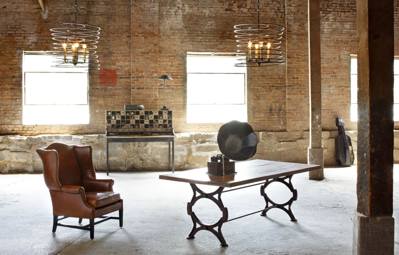 Photo wallpaper factory, room, table, Gramophone, kingwood chair, modern chandeliers, Loft Style