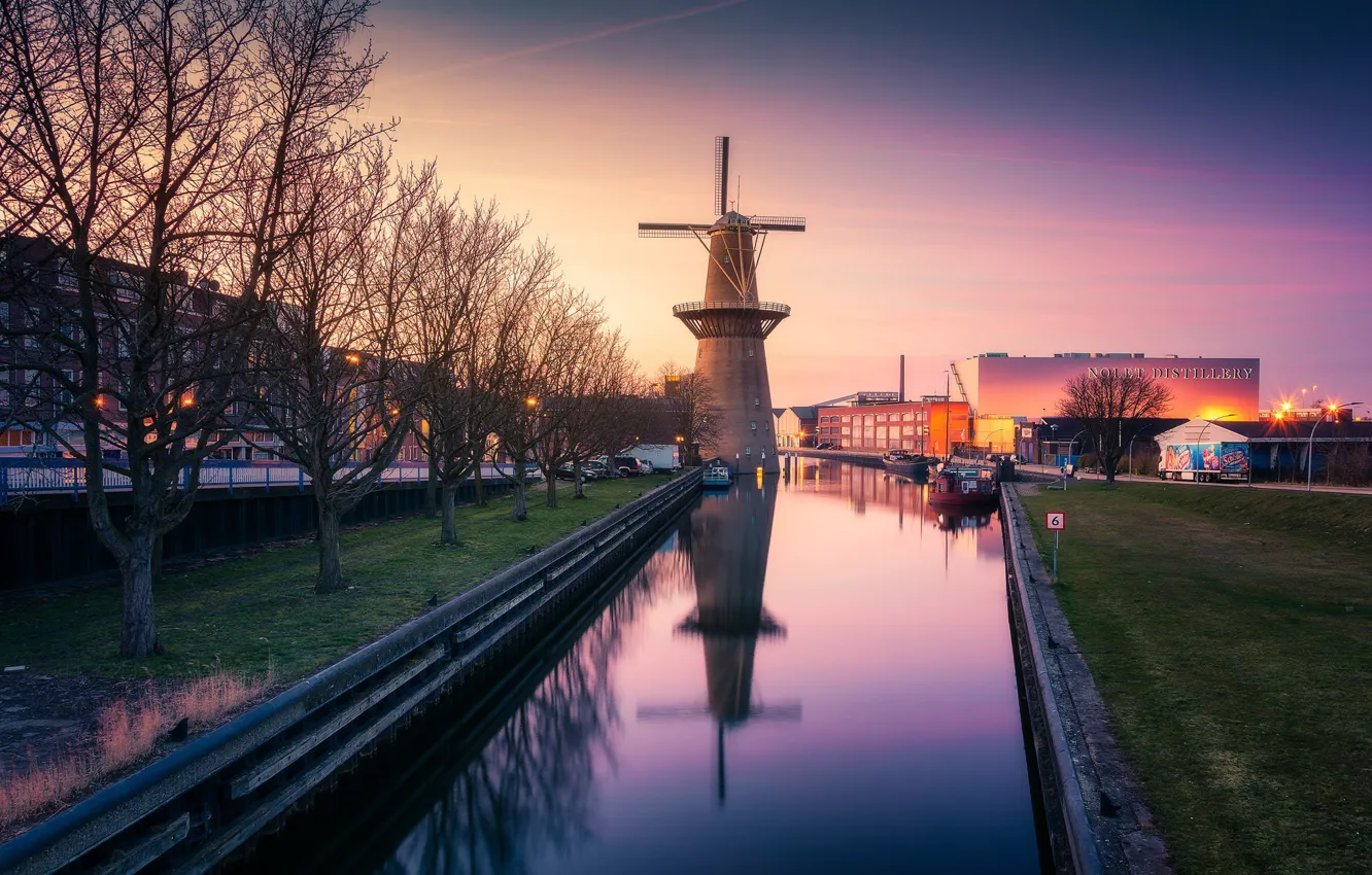 Photo wallpaper sunset, the city, channel, Netherlands, Holland, Schiedam