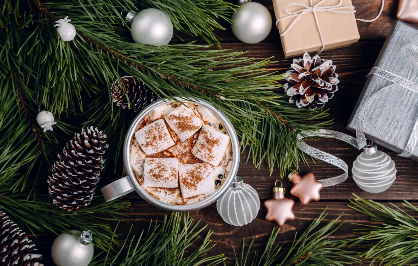 Photo wallpaper decoration, balls, new year, Christmas, mug, Christmas, balls, wood