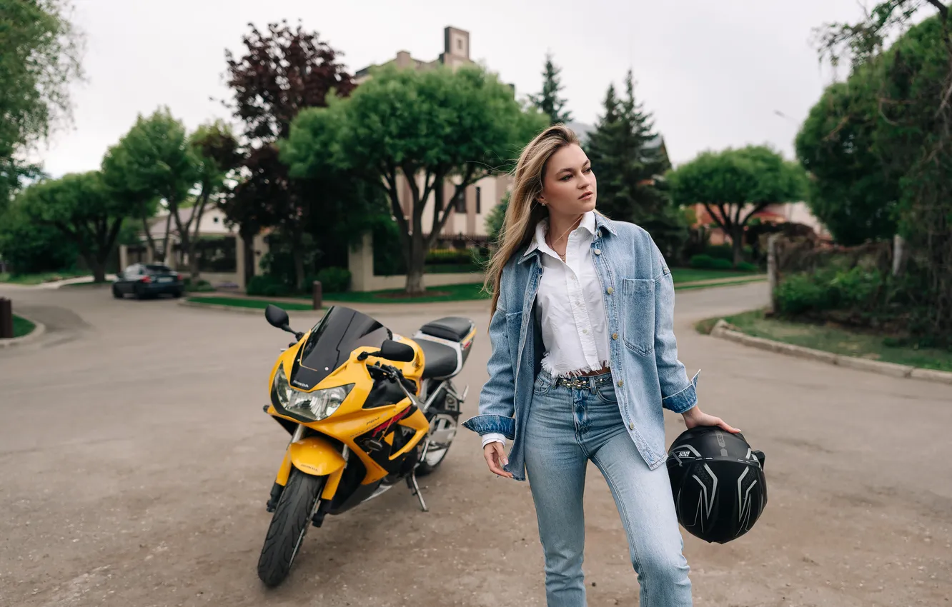 Photo wallpaper girl, yellow, motorcycle, helmet, in jeans, Vadim Mironov