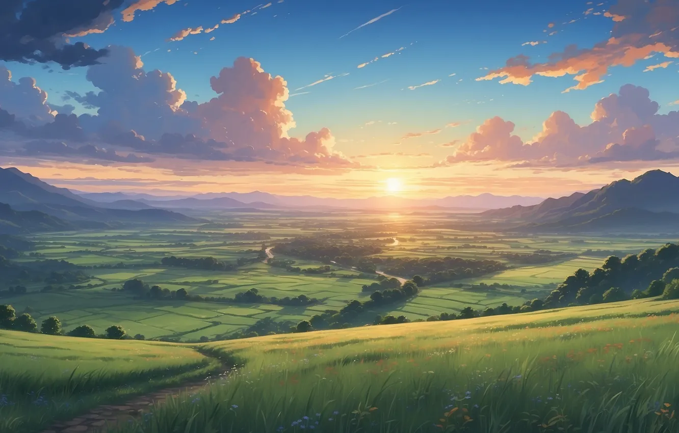 Photo wallpaper sky, trees, sunset, anime, mountains, clouds, Valley, AI Art