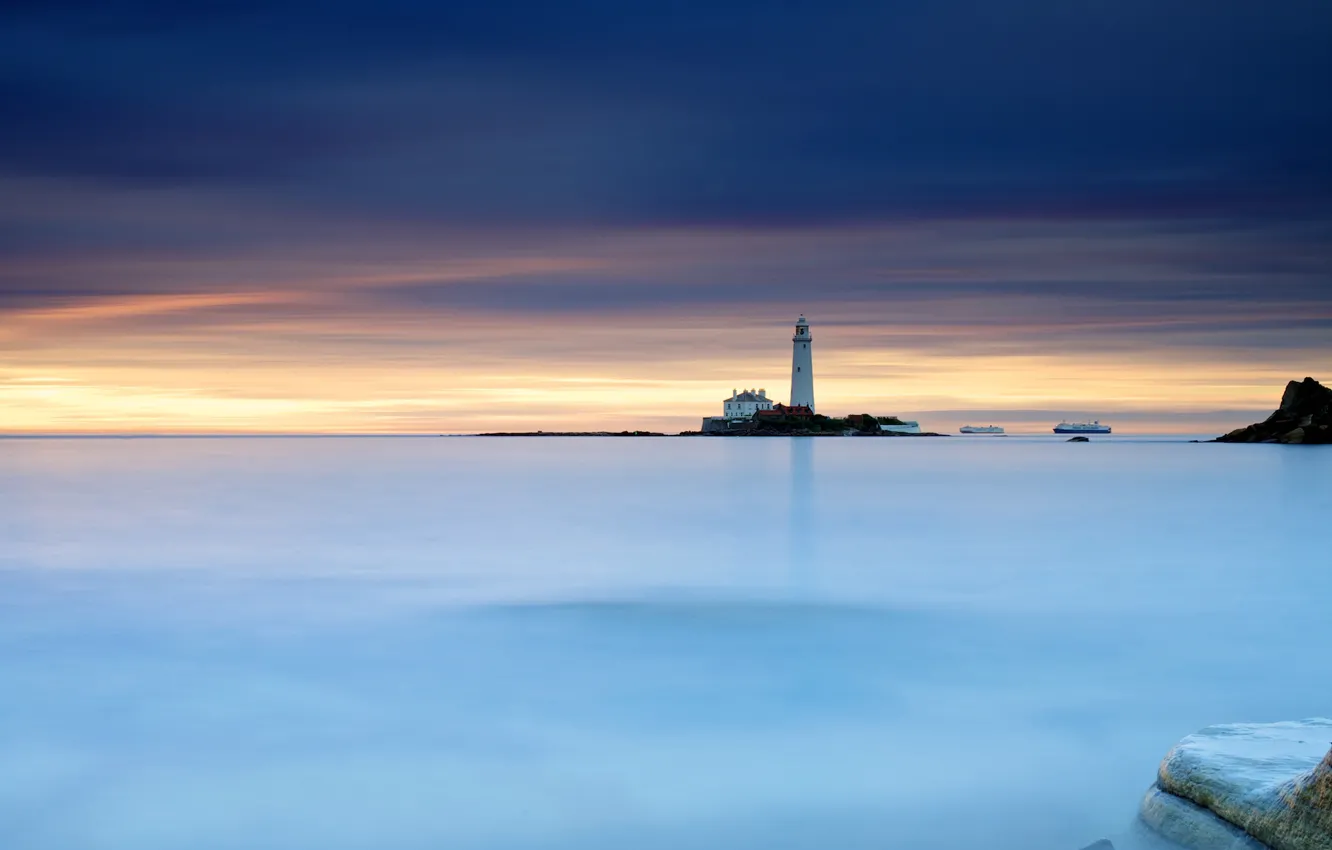 Photo wallpaper the sky, stones, lighthouse, ship, England, morning, excerpt, UK