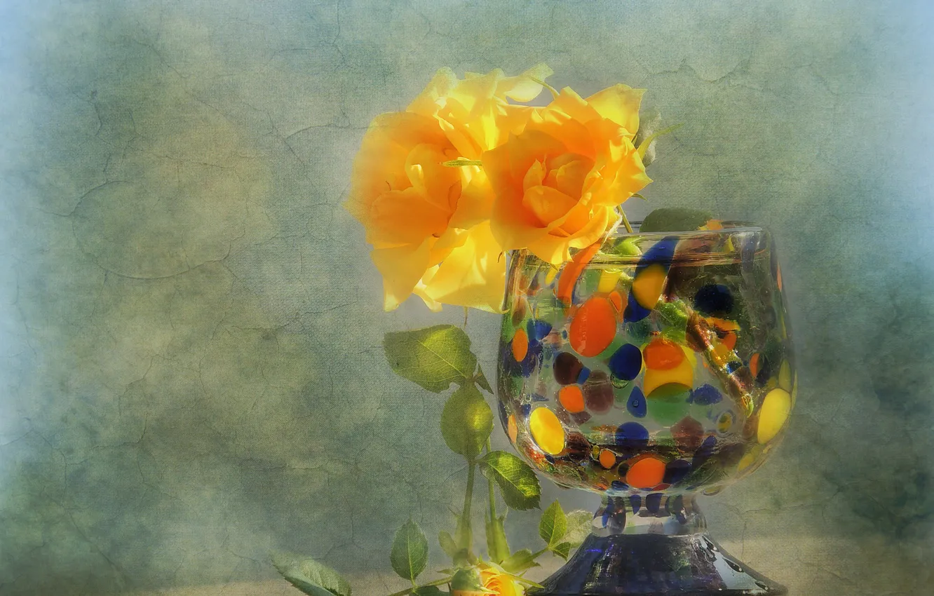 Photo wallpaper flowers, style, roses, texture, vase, yellow roses