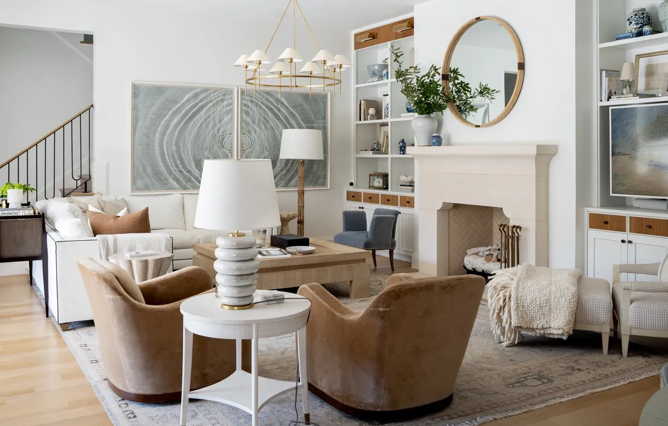 Photo wallpaper design, style, room, interior, fireplace, living room, upholstered furniture, Alice Lane Interior Design