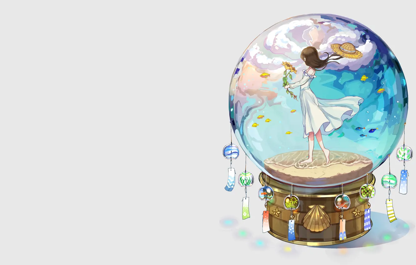 Photo wallpaper sea, summer, girl, sunflowers, the wind, balls, bouquet, anime