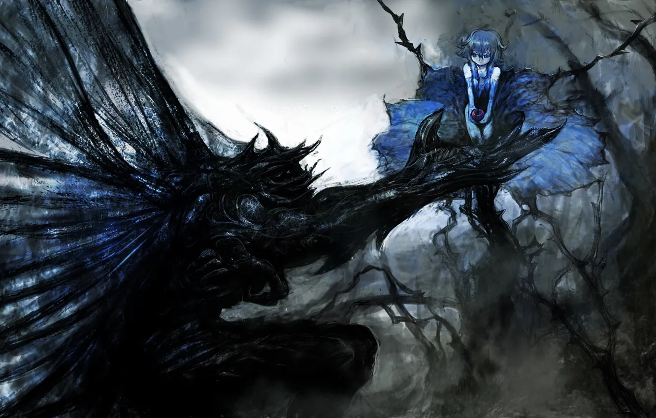 Photo wallpaper girl, love, flowers, branches, apples, wings, the demon, claws