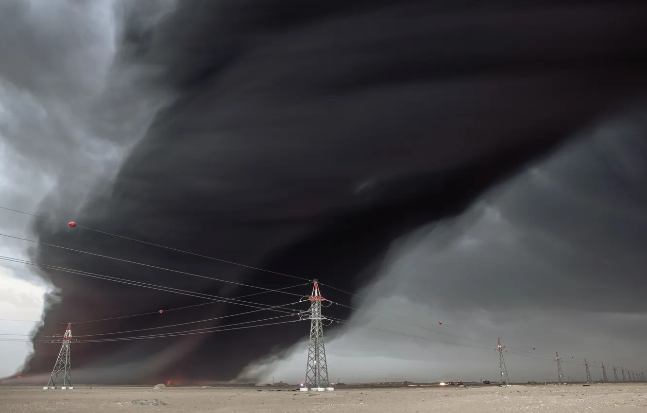 Photo wallpaper field, landscape, clouds, power lines