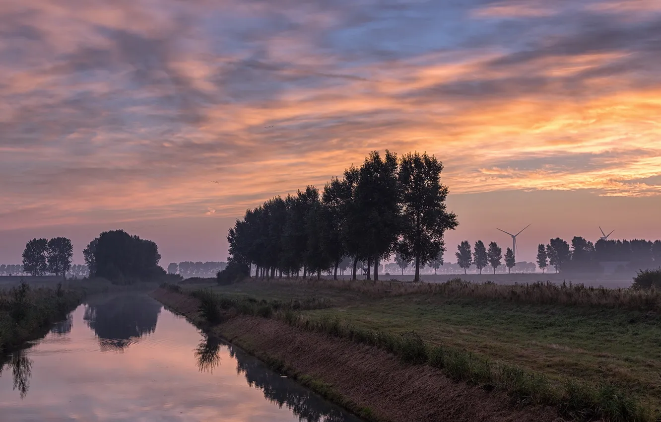 Photo wallpaper field, landscape, sunset, channel