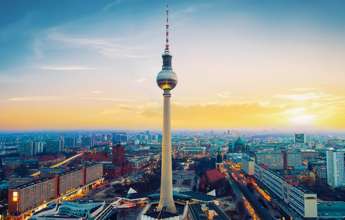 Photo wallpaper city, tower, sunset, Berlin, TV tower