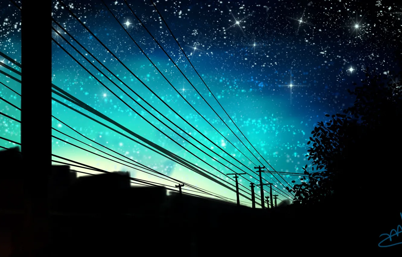 Photo wallpaper the sky, trees, night, home, power lines, by wy