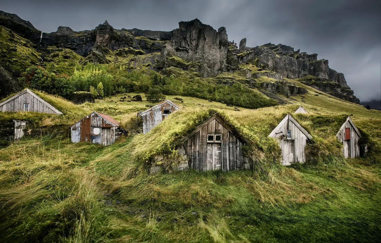 Photo wallpaper nature, mountain, houses, Iceland, Farm, The nearest