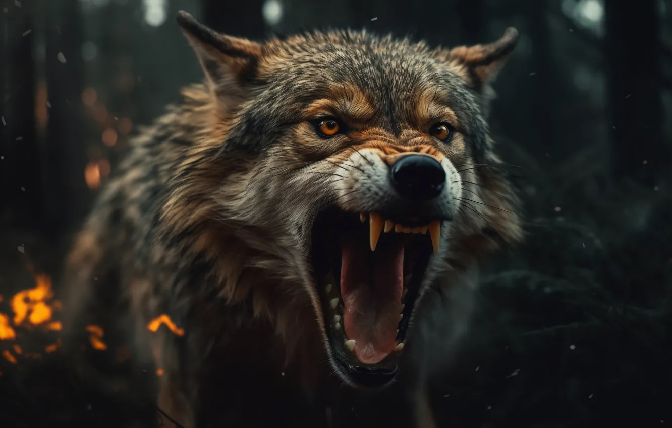 Photo wallpaper forest, look, face, lights, wolf, portrait, mouth, fangs