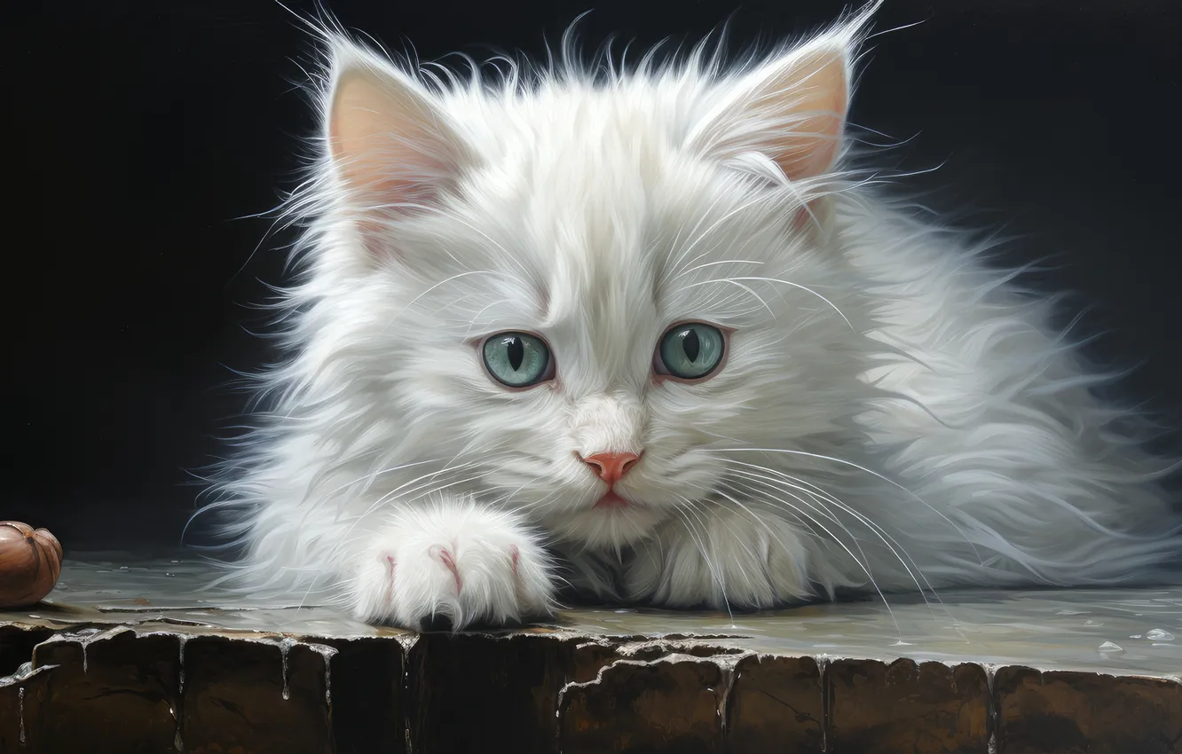 Photo wallpaper cat, white, look, pose, the dark background, portrait, lies, kitty