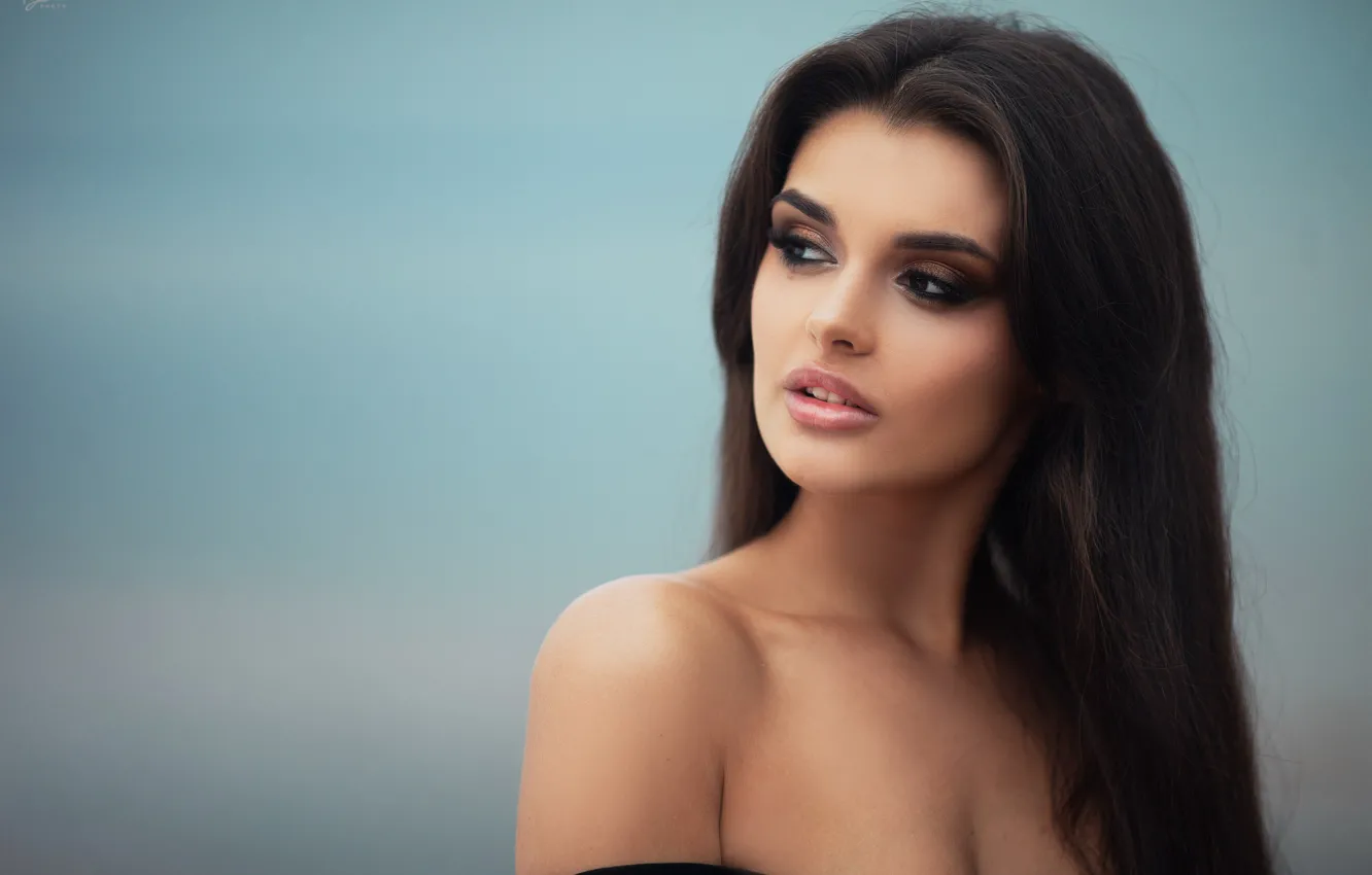 Photo wallpaper background, model, portrait, makeup, brunette, hairstyle, beauty, bare shoulders