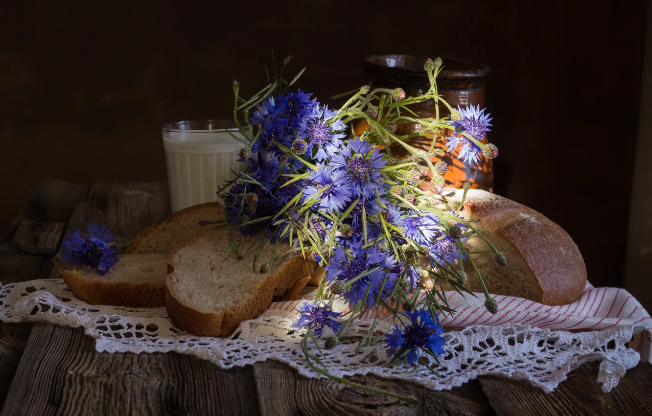 Photo wallpaper flowers, napkin, light, bouquet, cornflowers, milk, Board, still life