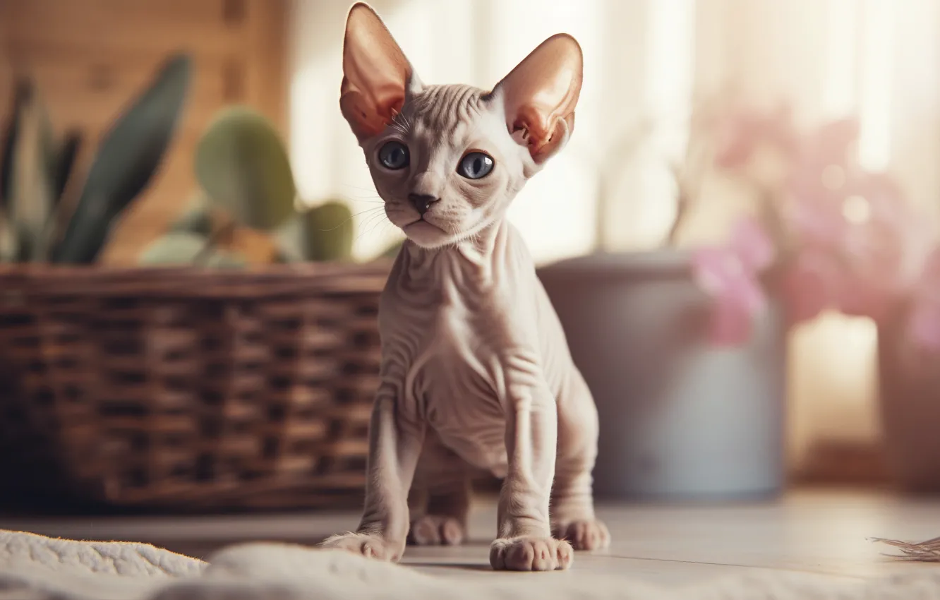 Photo wallpaper cat, look, flowers, pose, plant, window, kitty, face